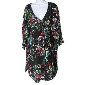 Maeve Petal Pallet Tunic Dress Women's L Black Floral Flowy Pockets Cottagecore